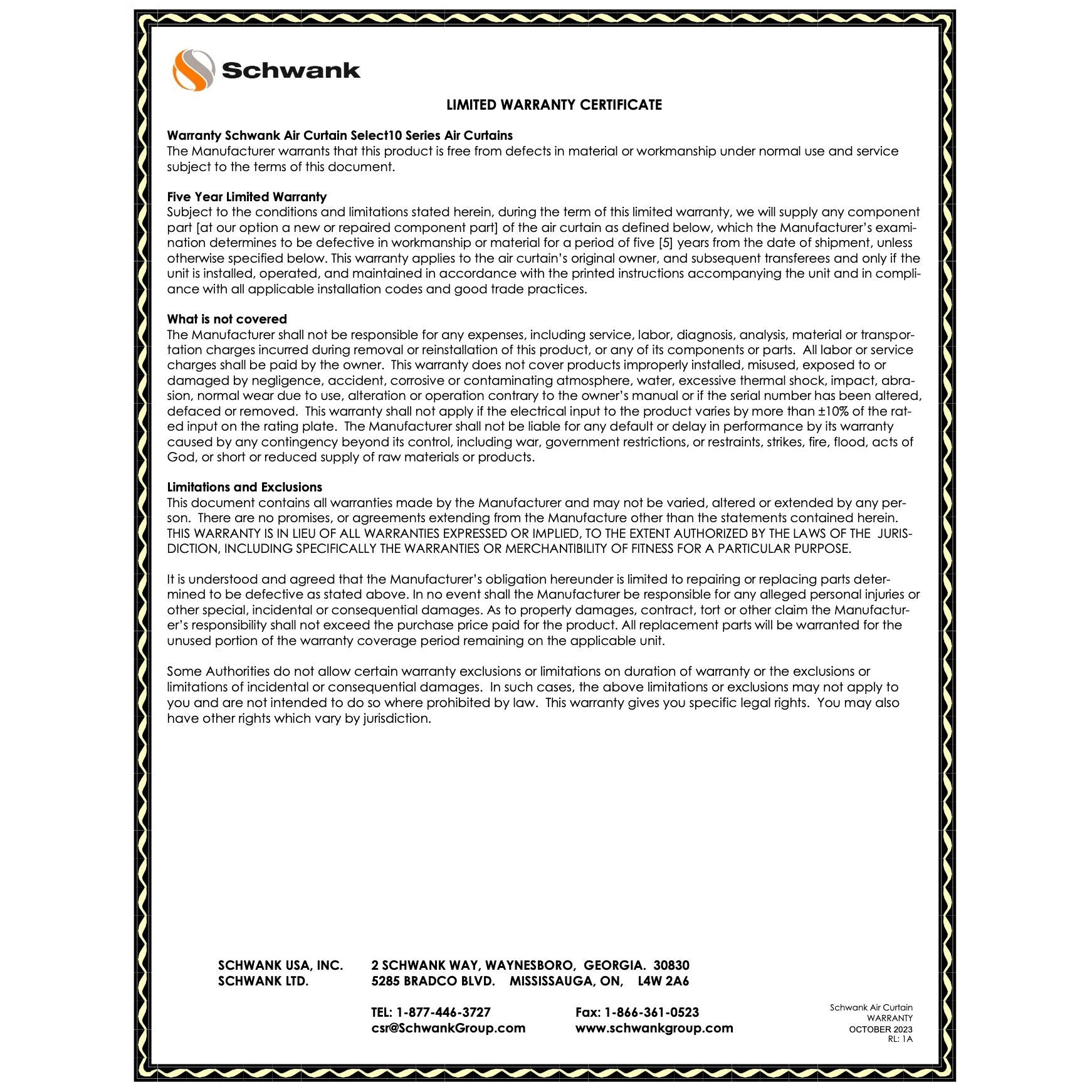Schwank Select10 36 Air Curtain Ambient 230V Single Phase 859 CFM_AC-KA36-23_Warranty